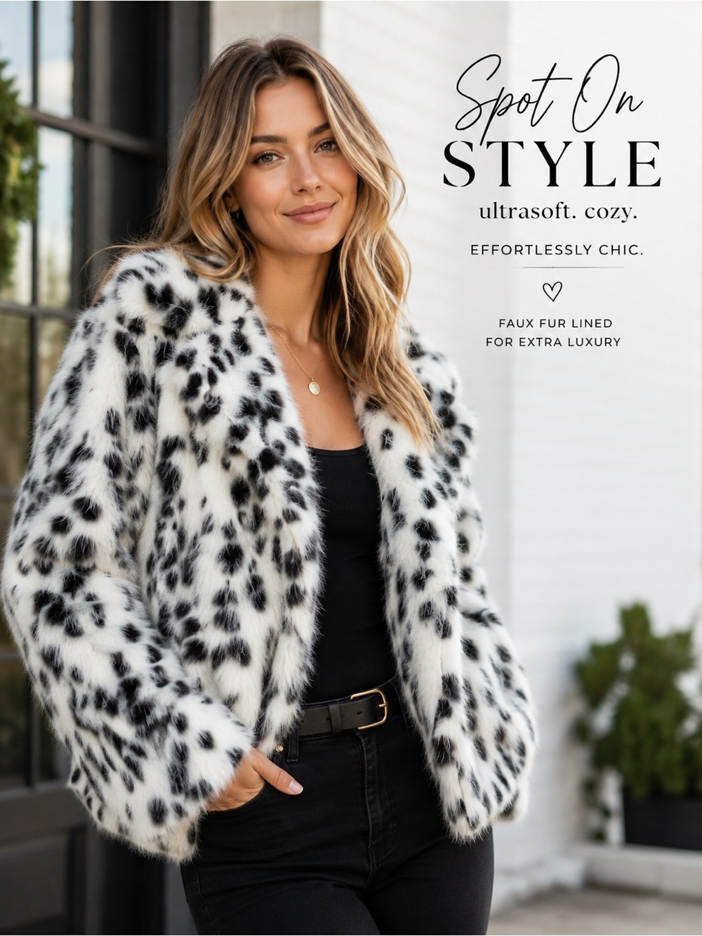 Ultra-Soft Snow Leopard Faux Fur Lined Jacket